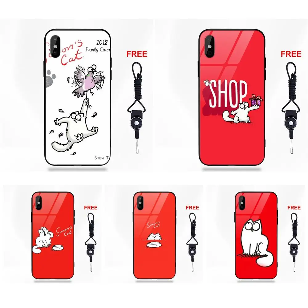 

Silicone TPU Frame Tempered Glass Cases Covers For Apple iPhone 5 5C 5S SE 6 6S 7 8 Plus X XS Max XR Funny Cute White Simons Cat