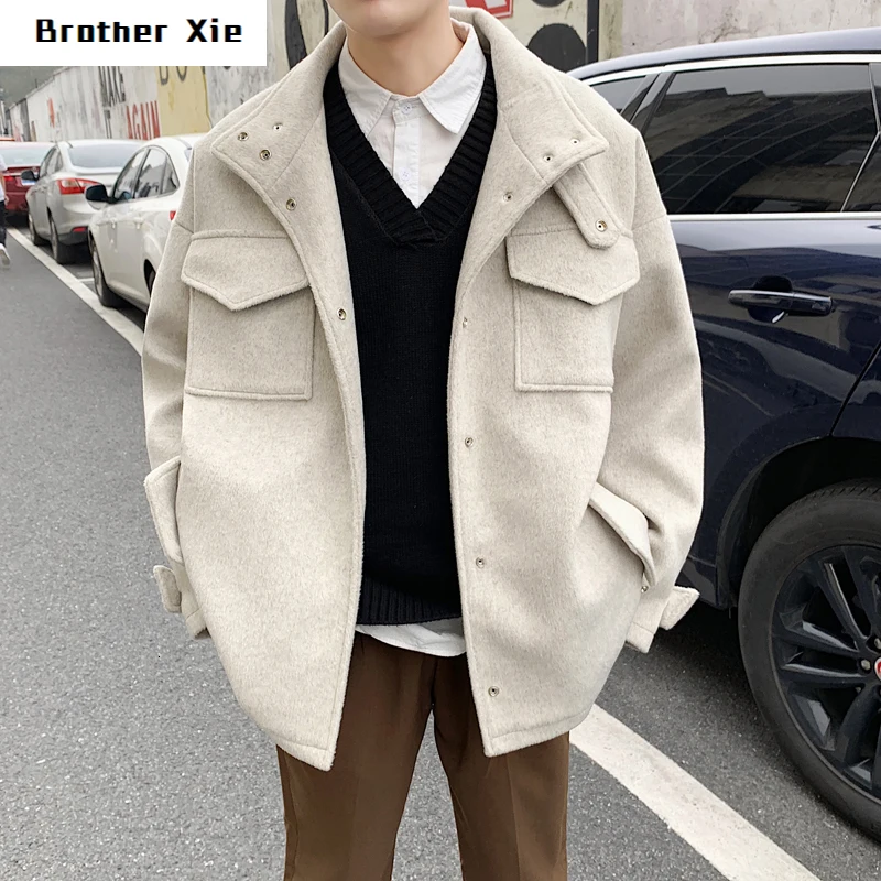 

Winter Short Woolen Coat Men's Fashion Solid Color Casual Lapel Woolen Jacket Man Streetwear Wild Loose British Style Overcoat