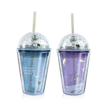 

Double Layer Straw Cup Creative Space Wandering Theme Heat Insulated Plastic Water Cups 380 ML for Household Office School