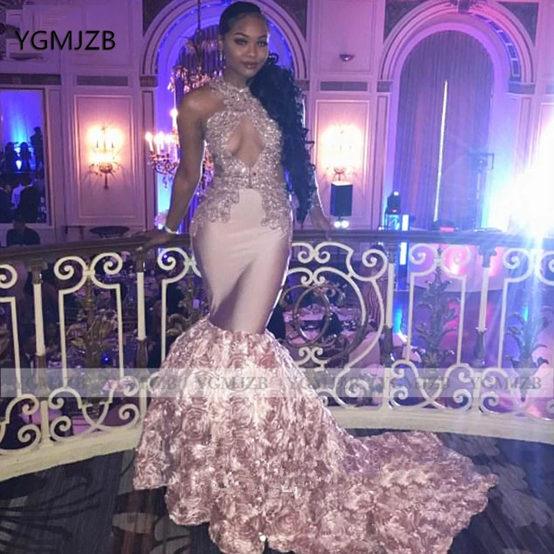 

Sexy Mermaid Prom Dress 2020 Halter Beading Appliques Lace 3D Flowers Black Girls Formal Party Dress Women Evening Gowns