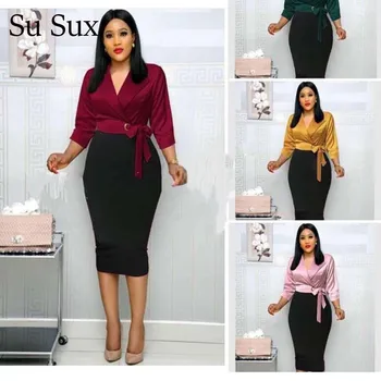 

New Spring Office Lady Dress Women African Clothes Vintage Patchwork Turn-down Bow Pencil Dress Evening Party Robes