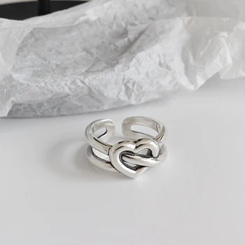 

SUNIANGON Cute Heart Antique Ring Real 925 Sterling Silver Polished Double Wide Open Ring Women Silver Ring Vintage Jewelry