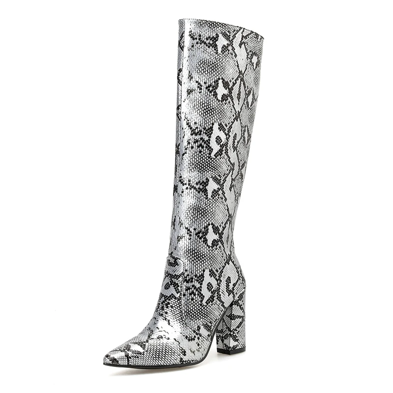 BYQDY/пикантные сапоги до колена женские высокие сапоги женские зимние короткие плюшевые сапоги со змеиным принтом обувь из лакированной кожи на молнии и толстом каблуке - Цвет: Snake Print