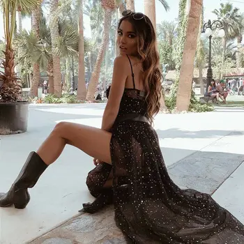 

2020 Newest Hot Women Sexy See-through Mesh Sheer Strap Maxi Dress Dots Sequins Tulle Lace Long Dress Beach Cover-Ups Dress