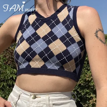 

Y2K Argyle Plaid Cropped Sweater Vest Women V Neck Knitted Jumper Sleeveless Knitwear Club Party Autumn Pullover 2020 Iamhotty
