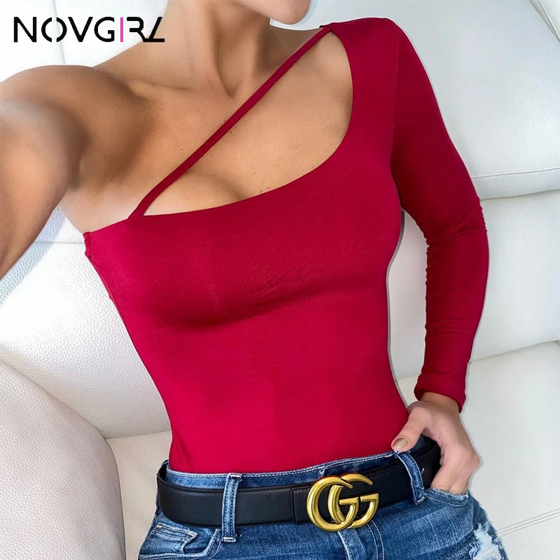Novgirl облегающий сексуальный костюм на одно плечо для женщин, длинный рукав, модный однотонный обтягивающий Короткий комбинезон, хлопковые комбинезоны, повседневные топы