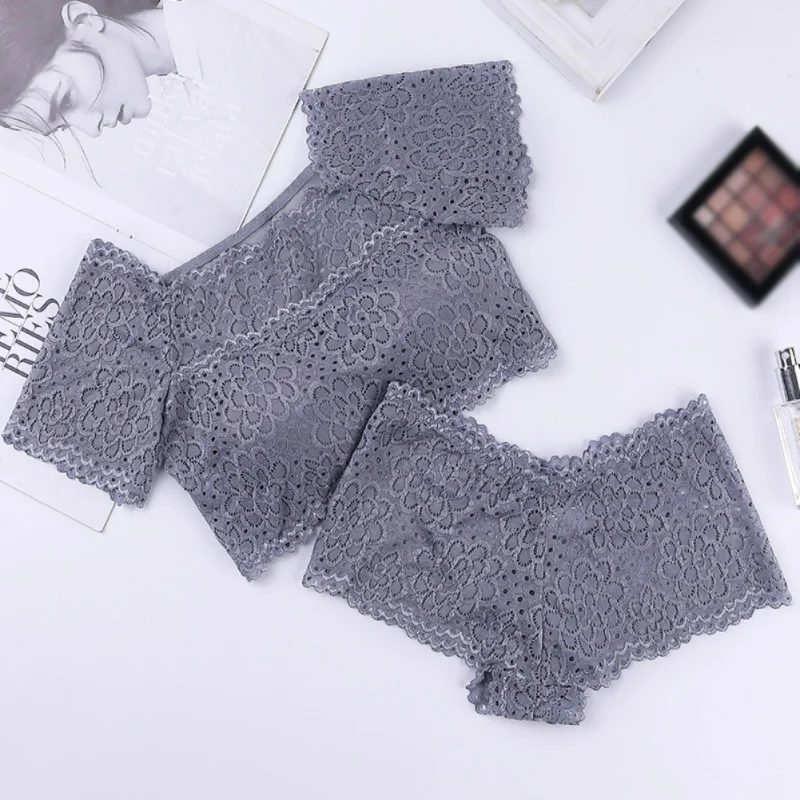 

Summer Lace Bra Set Women Short-sleeved Vest Brief Set Mesh Female Vest Underwear Set
