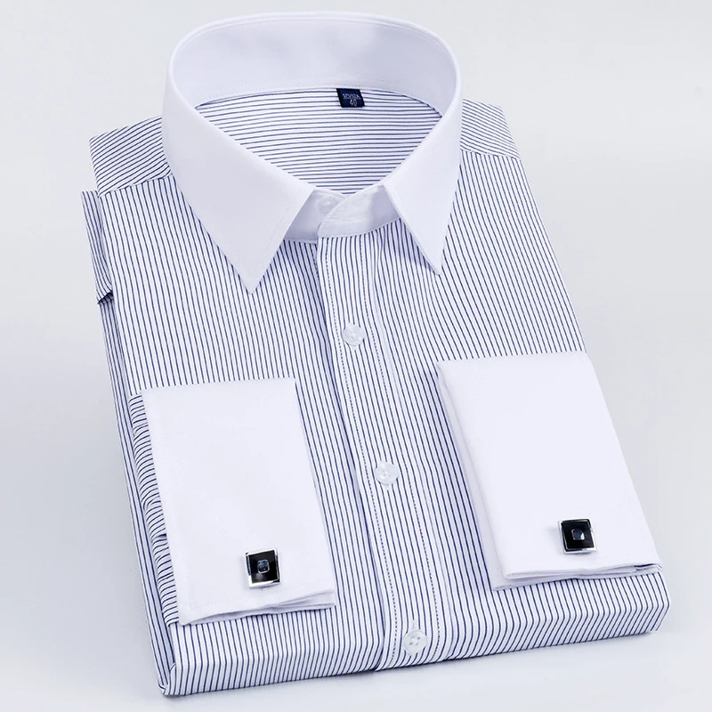 Men's French Cuff Dress Shirt Long Sleeve Slim Fit Tuxedo Shirts with Cufflinks Poly/Cotton Double Button Collar