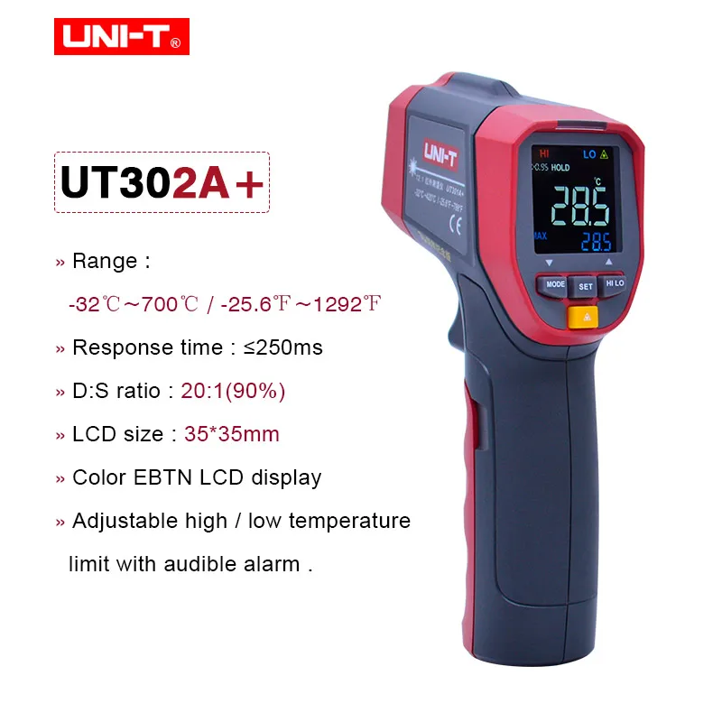 UT302A UNI-T UT301A+/302A+/303A+ инфракрасный термометр высокой четкости EBTN цветной экран Регулируемая излучательная функция будильника-32~ 800C - Цвет: UT302A