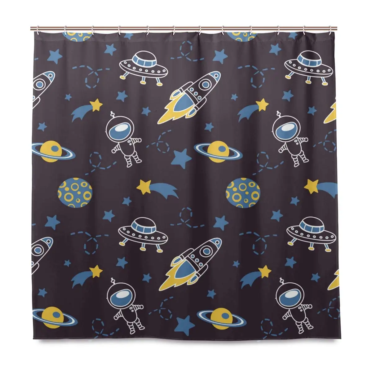 

Fabric Shower Curtain, Cute Astronauts Comets Stars Planetsmoon and Rockets Waterproof Bathroom Curtain with 12 Hooks for