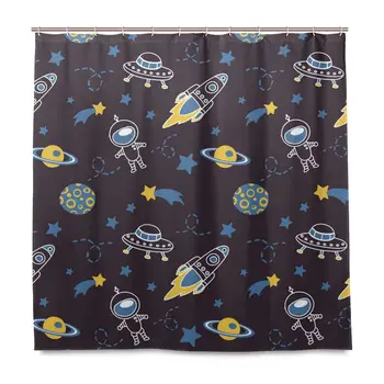 

Fabric Shower Curtain, Cute Astronauts Comets Stars Planetsmoon and Rockets Waterproof Bathroom Curtain with 12 Hooks for