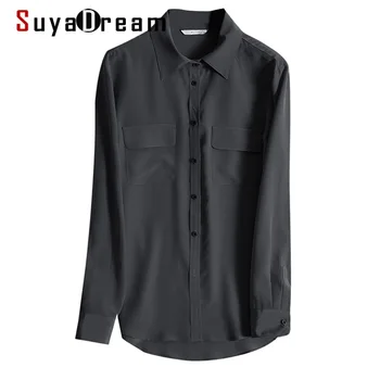 

SuyaDream Solid Blouse Women 100%Silk Crepe Long Sleeves Elegant Two Chest Pockets Blouse Shirt 2020 Fall Office Chic Shirt