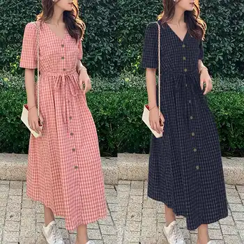 

Fashion Women V neck Short Sleeve Plaid Checked Dress ZANZEA Summer Elegant Ladies Long Shirt Vestido Work Sundress Plus Size