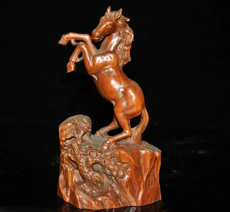 

wedding decoration Old Chinese Boxwood wood Carved Feng Shui animal horse Looking up Horses Statue