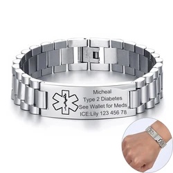 Mens Chunky Medical Alert ID Bracelets Anti Allergy Stainless Steel Male Custom Engrave Name Emergency Contact Info Care Gifts