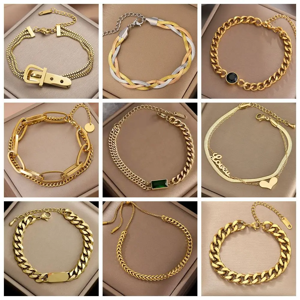 Chain Bracelet Stainless Steel Bracelets Stainless Steel Jewelry Stainless Steel Layered Thick Chain Bracelet for Women Trendy Gold Color Geometric Punk Hip-Hop
