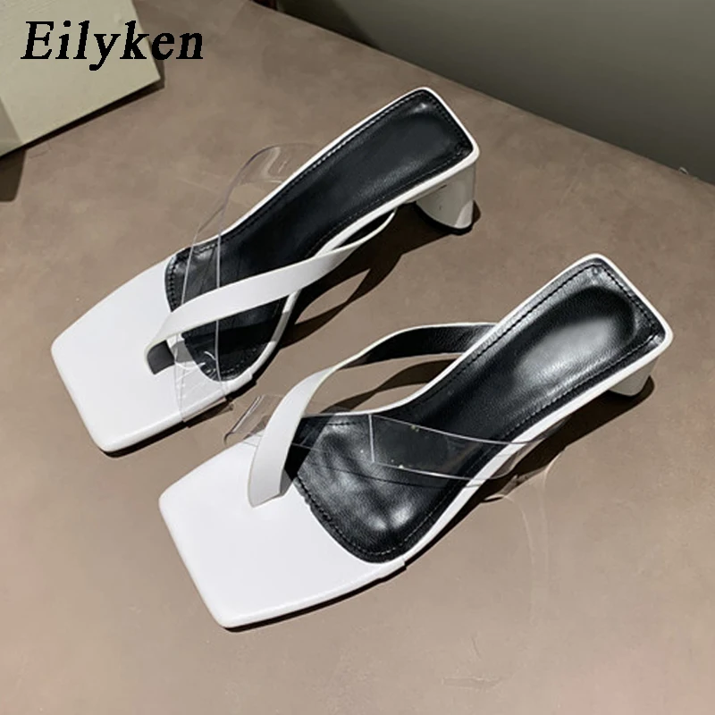 

Eilyken New Design PU PVC Cross Narrow Band Slippers Women Summer Fashion Square Toe Sandals Female Low Heel Shoes Flip Flops
