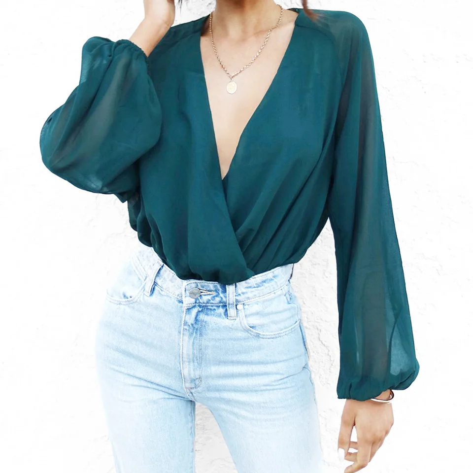 Women Deep V Neck Bodysuit Slim Fitted Solid Modern Office Lady Autumn Out Going Sexy Lantern Long Sleeve Chiffon Jumpsuit