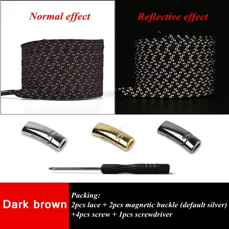 Dark brown Новые эластичные Светоотражающие магнитные шнурки с быстрой фиксацией без завязок шнурки для обуви для взрослых и детей спортивные туфли со шнурками шнурки для бега - Цвет: Dark brown