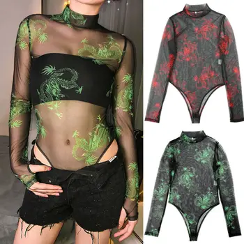

Romper Women Bodysuit Leotard Long Sleeve Mesh Stretch Jumpsuit Slim Tops Sexy Mesh Perspective High Neck Skinny Bodysuit