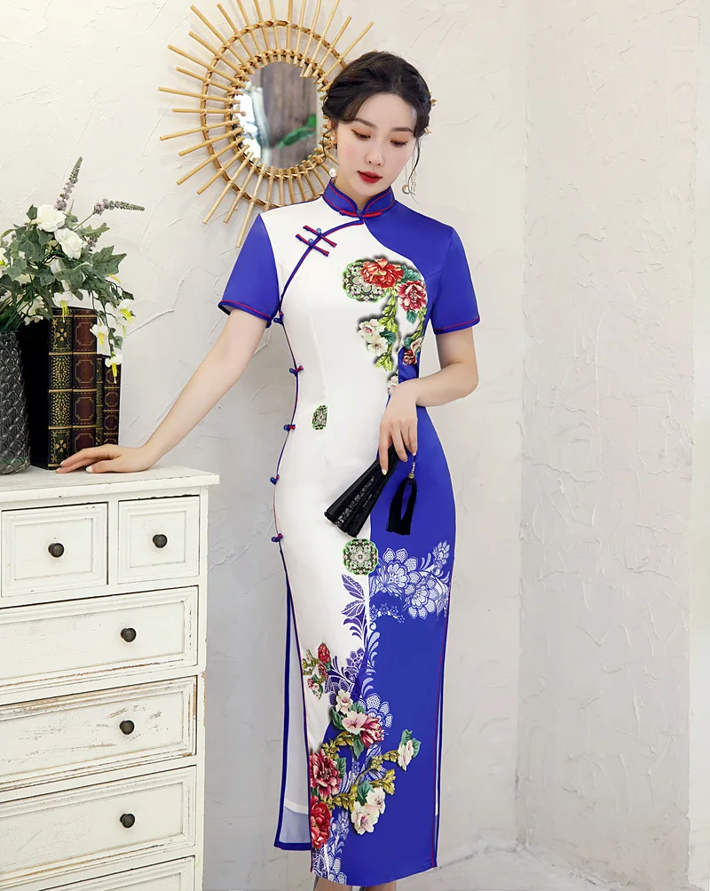 Hot Sale Traditional Chinese Women Long Dress Summer New Silk Satin Qipao Sexy Slim Printed Cheongsam Size M L XL XXL XXXL