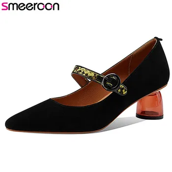 

Smeeroon 2020 new arrive suede leather pumps women shoes pointed toe buckle spring summer vintage dress office shoes ladies