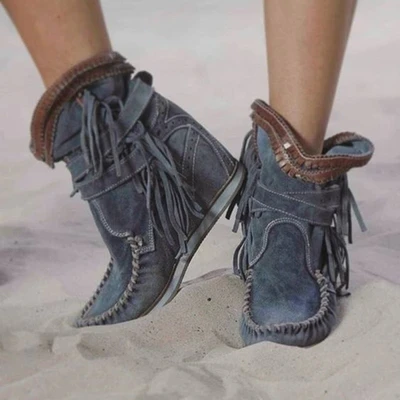 Классические ковбойские сапоги вестерн с кисточками для женщин; женские ковбойские ботинки из флока; обувь на низком каблуке; женские зимние сапоги до колена - Цвет: A