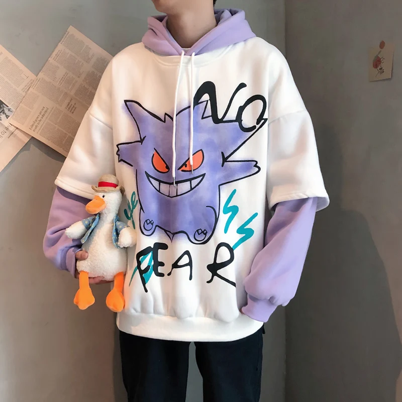 2019 Winter Men's Cartoon Printing Pullover False Two Piece Coat Lovers Clothes Hoodies Cotton Loose Casual Clothes Sweatshirts