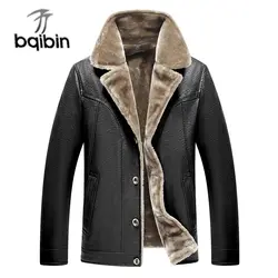 Классическая Кожаная флисовая куртка зимняя теплая для мужчин осень повседневное мужской толстый меховой воротник коричневое пальт