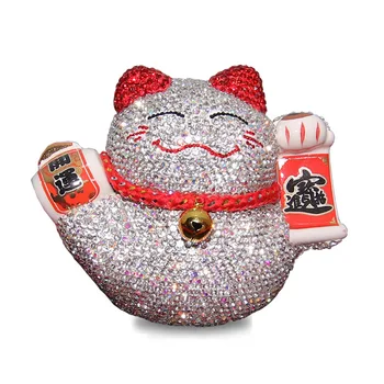 

Rhinestone Lucky Cat Miniature Figurine Fengshui Good Luck Bring Car Decoration Interior Home Decoration Accessories Friend Gift
