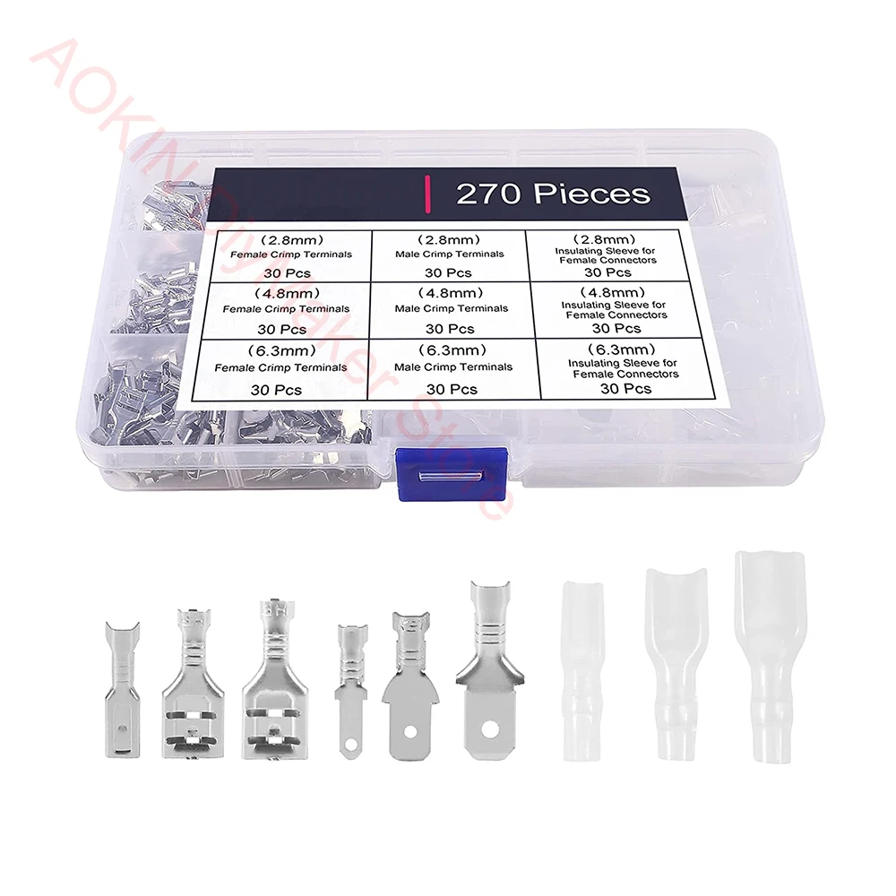 270Pcs Assortment Kit Quick Splice Male and Female Wire Spade 2.8/4.8/6.3mm Connector Crimp Terminal Block for Electrical Wiring 600pcs 2 8mm wire spade connector male and female quick splice wire crimp terminal block with insulating sleeve assortment kit