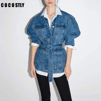 

Pockets Denim Jackets Women Fashion Tie Belt Waist Coats Women Elegant Turn Down Collar Buttons Jackets Female Ladies