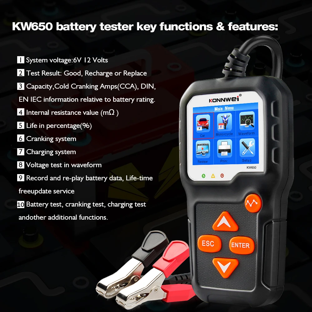 KONNWEI KW650 Car Motorcycle Battery Tester 12V 6V Battery System