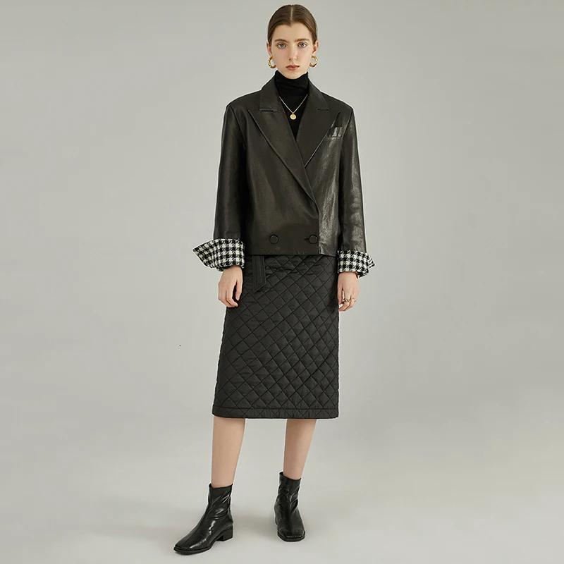 [] Свободная черная клетчатая куртка большого размера, новая женская куртка с отворотом и длинным рукавом, модное осенне-зимнее пальто 1M622
