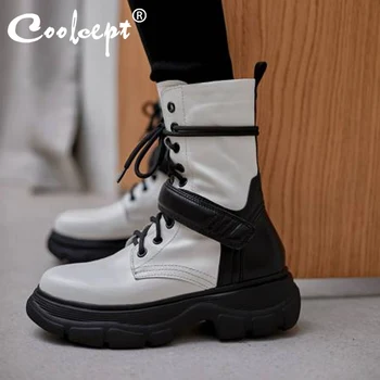 

Coolcept Women Half Short Boots Real Leather Mixed Color Thick Bottom Women Winter Shoes Fashion Cool Short Boots Size 34-41
