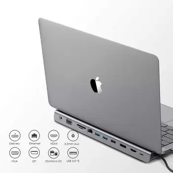 USB C Docking Station with 100W PD, 4K HDMI/DisplayPort, VGA, Ethernet, Card Reader, USB 3.0, Aux Adapter for 2020 MacBook Pro 1