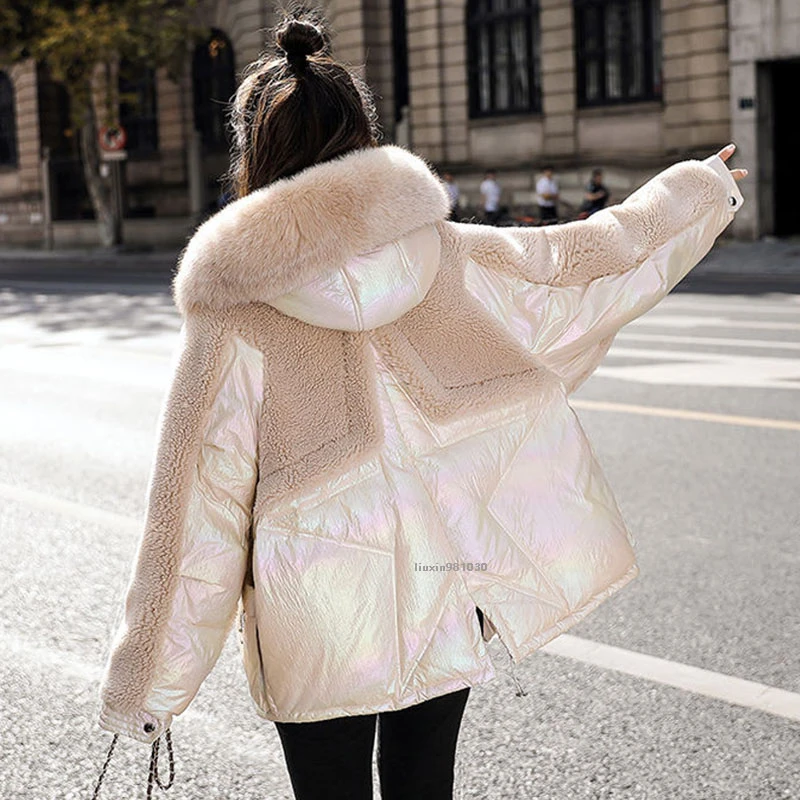 Chaqueta de Pelo Corto con Cuello de holgado para mujer, abrigo de con escudo de cordero, retazos, prendas de vestir de algodón brillante, abrigos de gran tamaño - AliExpress Ropa