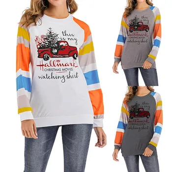 

Women's Car Christmas Tree Letters Printed Round Collar Color Long Sleeve Tops Dropshipping fashion Leisure jobs clothes Retro t