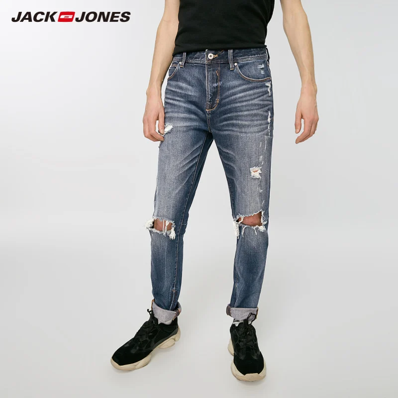 Мужские джинсовые штаны JackJones однотонные рваные джинсы в уличном стиле Мужская