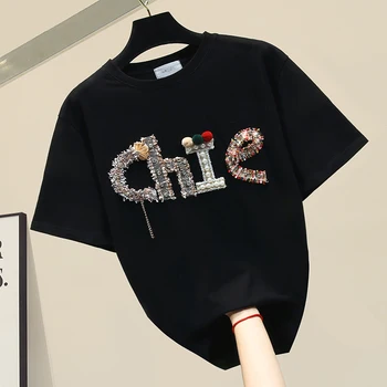 

2020 Spring Summer New Three-dimensional Letters Beaded Cotton Tshirt Woman Personality Loose Short-Sleeve White T-shirt Tees T