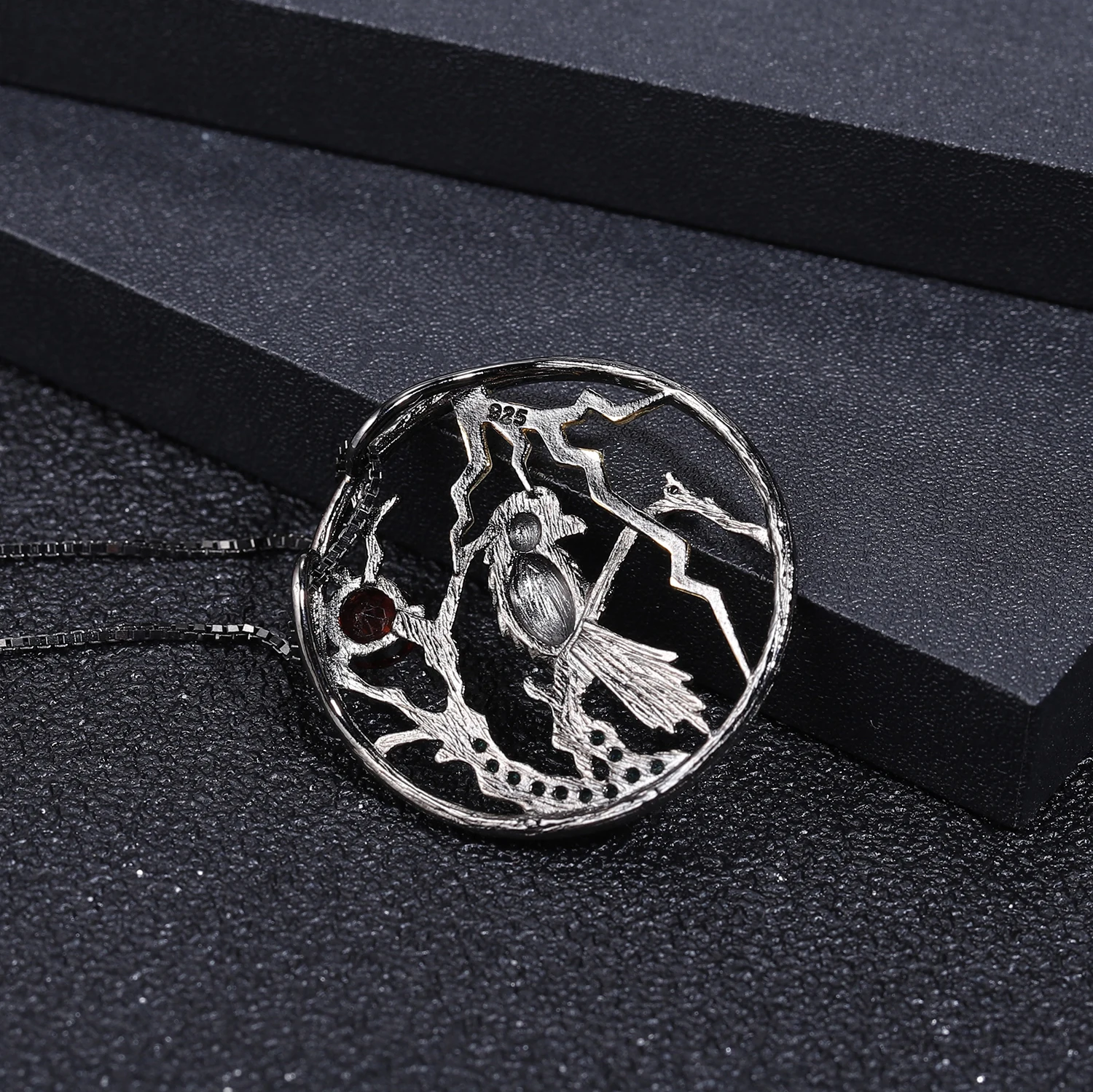 GEM'S BALLET Natural Blue Sapphire Handmade Halloween Jewelry 925 Sterling Silver Bird on the Tree Pendant Necklace For Women