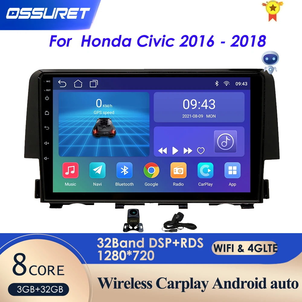 Ossuret 9 'ɺndroid 10 автомобильный радиоприемник GPS-навигация для Honda Civic 2016-2018