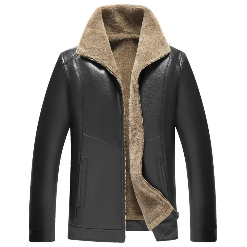 Зимняя Толстая теплая куртка для мужчин; большие размеры; кожаные куртки для мужчин; Высококачественная кожаная куртка из искусственной кожи; мужские бархатные куртки для отца; черный цвет