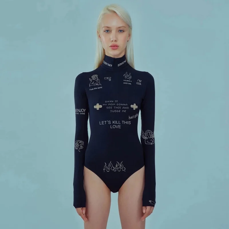 Estampado de moda carta casual ajustada de manga larga de cuello alto otoño mono mujeres básico simple de mujer rebelde mono