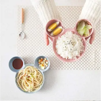 

New 4 Set For Kids Wheat Stalk Bowl for kids Feeder Sets Plate With Dividers Fork Spoon Chopsticks