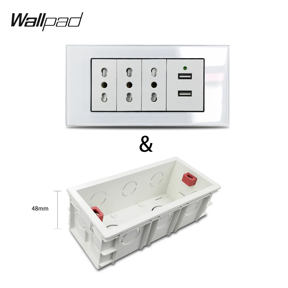 153*75mm 3 Italian Socket and USB Socket Wallpad L3 White Glass Panel 16A Double USB Power Charger and 3 Italy Wall Socket