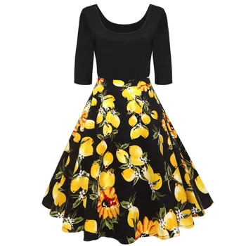 

Retro Lemon Print Vintage Dress 2019 Women Spring Summer Dress Casual Tunic Sundress Pin Up Party Dress Vestidos Plus Size 4XL