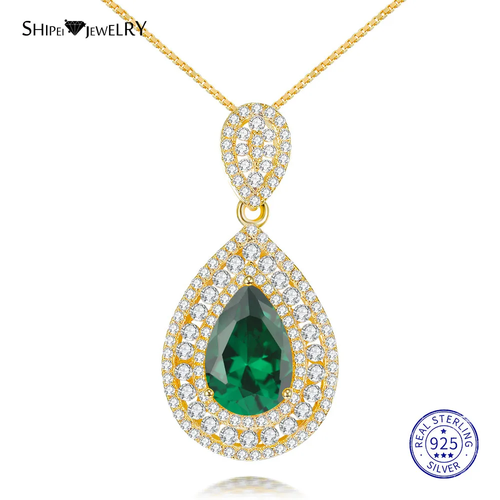 Shipei Sterling Silver Fine Jewelry Ruby Emerald Sapphire Water Drop Pendant Necklace for Women Anniversary Gift - Цвет камня: YellowGold-Green