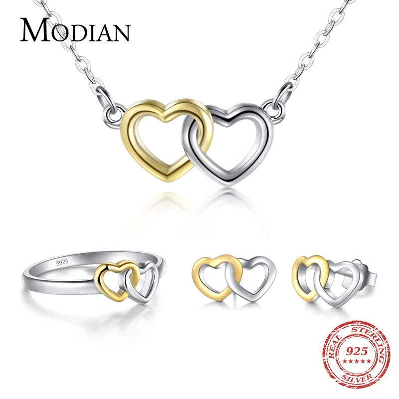 

Modian New Authentic 100% 925 Sterling Silver Ring & Stud Earrings Fashion Double Hearts Gold White Color Wedding Jewelry Set