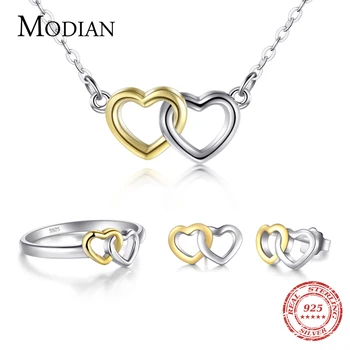

Modian New Authentic 100% 925 Sterling Silver Ring & Stud Earrings Fashion Double Hearts Gold White Color Wedding Jewelry Set